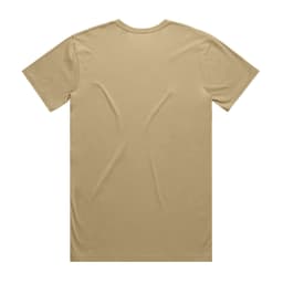 A plain beige T-shirt with a back view, featuring a smooth fabric texture. The shirt has a logo on a tag.