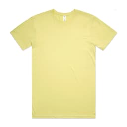 A plain yellow T-shirt with a round neckline and short sleeves, featuring a logo on the label.