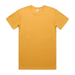 A plain yellow t-shirt displayed flat with short sleeves and a crew neckline, featuring a brand label.