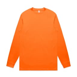 An orange long-sleeve tee shirt with a round neckline and a simple design. It features a logo on the front.