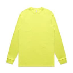 A long-sleeve t-shirt in bright yellow, featuring a simple design and cuffs at the sleeves. Includes a logo.
