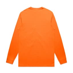 A long-sleeve work t-shirt in vibrant orange with a plain back and a logo on the front.