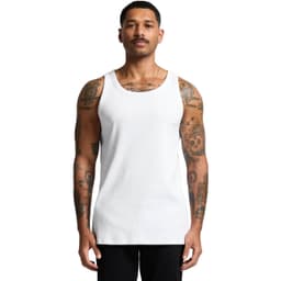 A white organic rib singlet worn by a man with tattoos, featuring a simple design and round neckline.