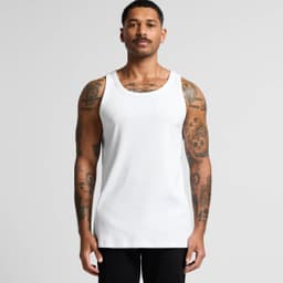 A white organic rib singlet featured on a model with tattoos, showcasing a simple and stylish design.