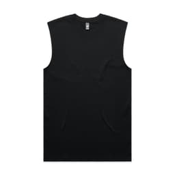 A black sleeveless tank top with a round neckline and a logo on the label.