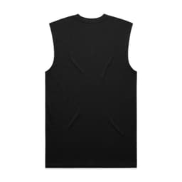 A black sleeveless tank top with a smooth texture and a logo on the back.