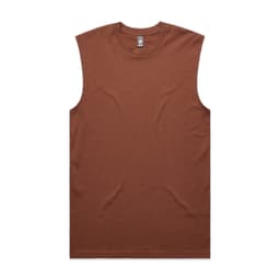 A brown sleeveless tank top with a plain design and a logo at the neckline.