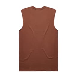 A brown sleeveless shirt with a simple design and a back view, featuring a logo on the garment.