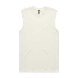 A white sleeveless tank top with a simple design and a logo on the neckline.