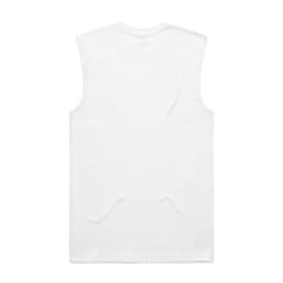 A plain white sleeveless tank top with a simple design and a logo on the back.