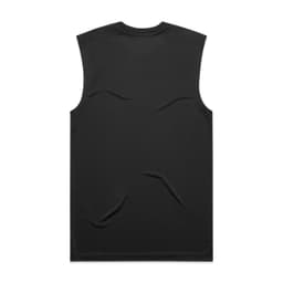 A black sleeveless tank top with a smooth texture and a logo on the back.