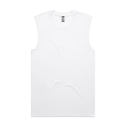 A white active tank top with a sleeveless design. It features a logo on the label.