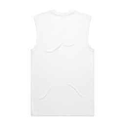 A plain white tank top with a sleeveless design and a logo on the back.