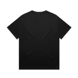 A black heavy tee with short sleeves and a plain back, featuring a logo.