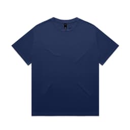 A navy blue t-shirt with a standard crew neck design, featuring a logo on the label.