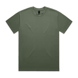 A heavy olive green T-shirt with a classic crew neck and short sleeves. Features a label inside.