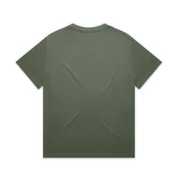 An olive green t-shirt with a plain back, featuring a logo or branding.