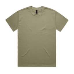 A khaki Heavy Tee featuring a crew neck and a plain design. It has a logo tag on the inside neck.