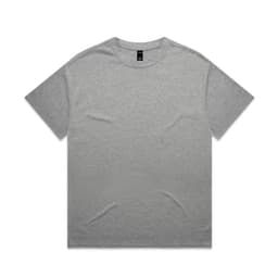 A plain grey t-shirt with short sleeves and a tag at the neckline. It features a simple design and has a logo.