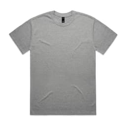 A grey t-shirt with short sleeves, featuring a brand logo on the label.