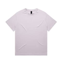 A lilac T-shirt displayed flat, featuring short sleeves and a tag inside the collar. The shirt has a logo on the tag.