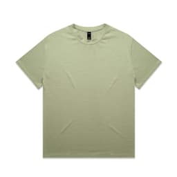 A plain olive green T-shirt with a round neck and short sleeves, featuring a tag inside.