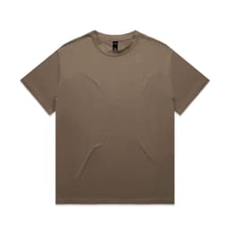 A brown heavy tee with a round neckline and short sleeves, featuring branding on the inside tag.