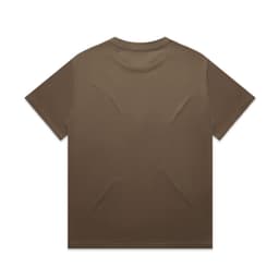 A brown short-sleeve t-shirt with a simple design and no visible front graphics. It features a logo on the label.