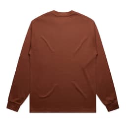 A brown long-sleeve T-shirt with a simple design and a logo on the garment.