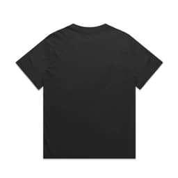 A black T-shirt featuring a simple design and a small logo on the back.