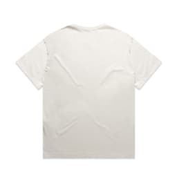 A plain light-coloured heavy faded tee with short sleeves and a relaxed fit, featuring a logo.