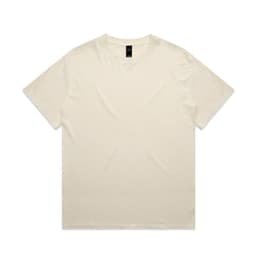 A cream-coloured t-shirt featuring a relaxed fit design and a brand label on the neckline.