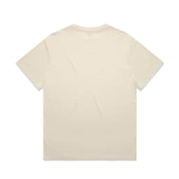 A light beige t-shirt with a relaxed fit, featuring a simple design and a logo on the front.