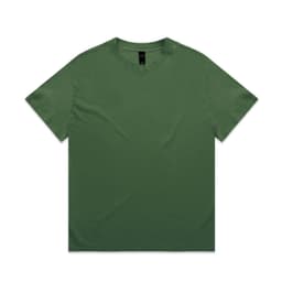 A green, heavy faded tee shirt with a classic crew neck design and a branding logo on the label.