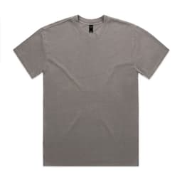 A faded grey t-shirt with a classic crew neck and short sleeves, featuring a logo.