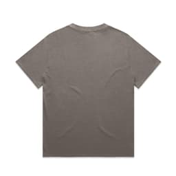 A heavy, faded grey T-shirt with short sleeves and a relaxed fit, featuring a branding logo on the back.