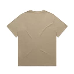 A faded beige t-shirt with short sleeves and a back view, featuring a logo.