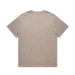 A light beige T-shirt with a relaxed fit, featuring a simple design and a subtle logo.