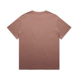 A faded brown T-shirt with a plain back and short sleeves, featuring a logo.