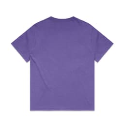 A purple t-shirt with a relaxed fit and short sleeves, featuring a logo. The back view is visible.