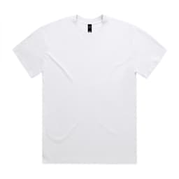 A white T-shirt featuring a simple design and a logo on the neck label.