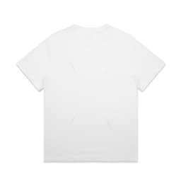 A white t-shirt with a plain design, featuring short sleeves and a crew neck. It has a logo on the label.