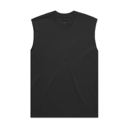 A black, sleeveless tank top with a simple design and a logo on the label.