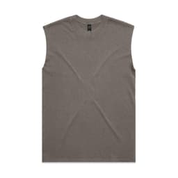 An olive green heavy faded tank top with a rounded neckline and no sleeves, featuring a simple design and a logo.