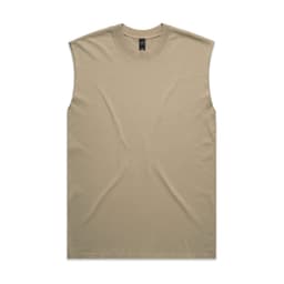 A sleeveless tank in a faded olive green colour with a simple design and a small logo.
