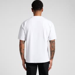A white t-shirt with short sleeves and a relaxed fit, featuring a logo on the back.