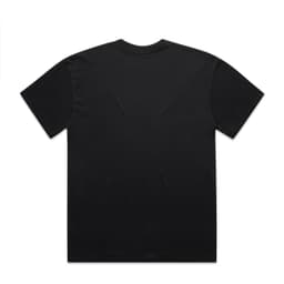 A black T-shirt with a solid back, featuring a simplistic design and a logo.