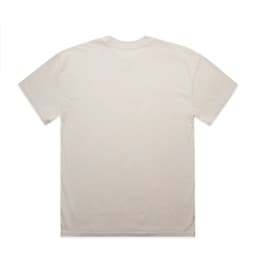 A plain beige t-shirt featuring a standard crew neck and short sleeves, with a logo on the back.