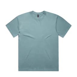 A faded teal short-sleeve T-shirt with a crew neck and a logo on the label.
