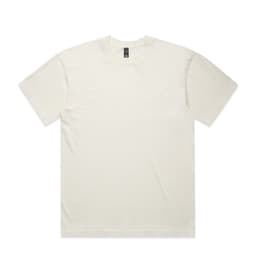 A plain off-white t-shirt with a crew neck and short sleeves, featuring a brand logo on the label.